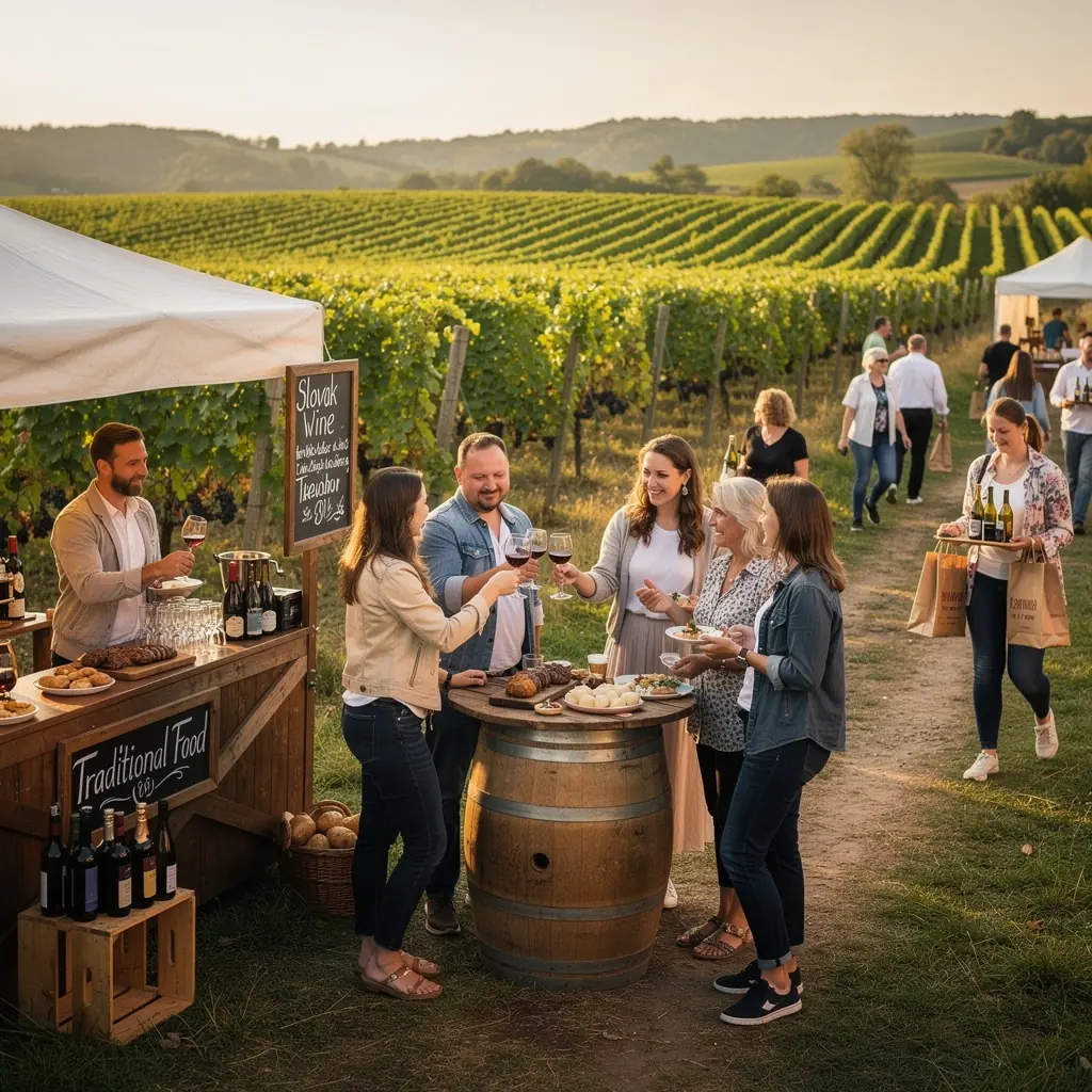 A vibrant street market in Prešov, featuring local artisans selling handmade crafts, fresh produce, and traditional Slovak snacks.