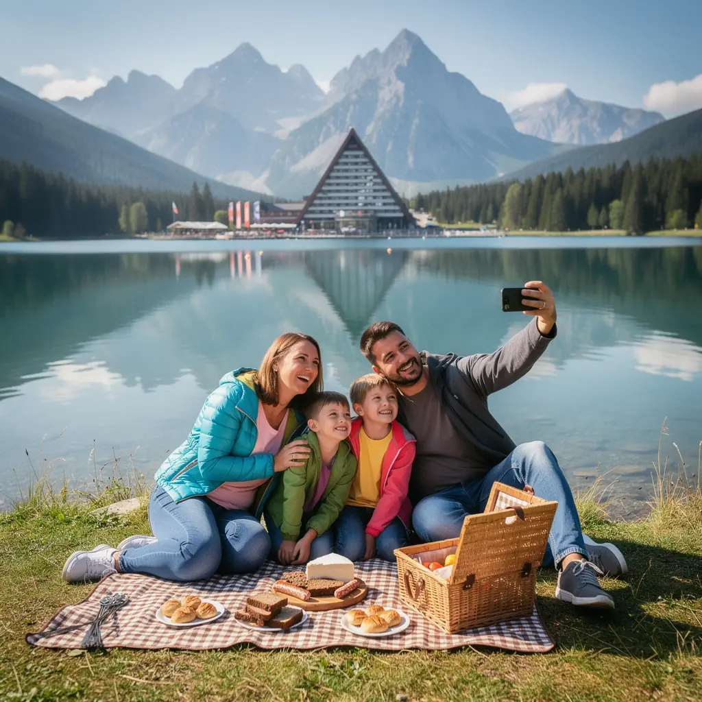 A cozy hotel room in a Slovak city, featuring modern amenities and a balcony view of the bustling street below.